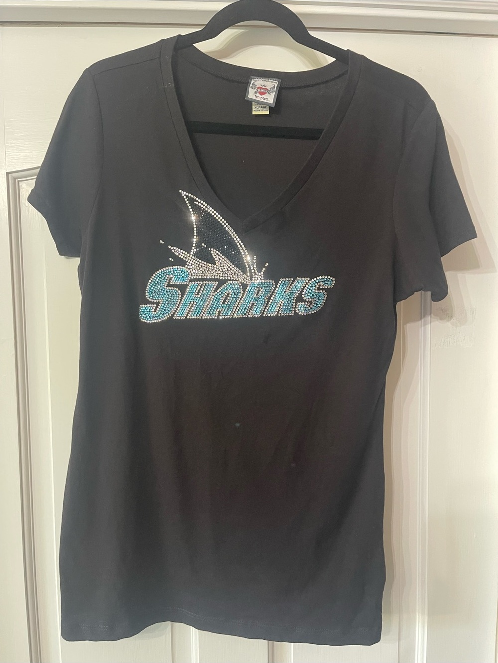 Temptations Black V‑Neck Swim Coverup with Turquoise Rhinestone Sharks Logo